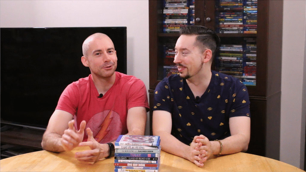 Tim Kuefler in conversation with Chris Murphu, surrounded by a movie collection — from a Watch Culture episode